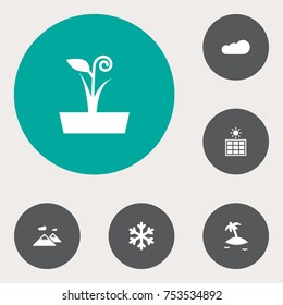 Collection Of Pinnacle, Overcast, Isle Beach And Other Elements.  Set Of 6 Natural Icons Set. 