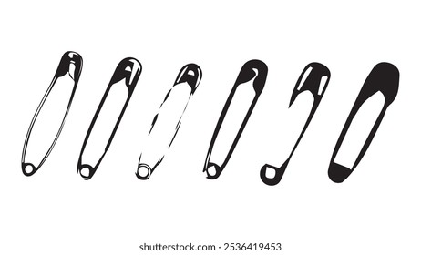 Collection of pins of different designs on white background, set of black safety pins for sewing and design, school supplies concept, lack set of office supplies, pins for working with patterns