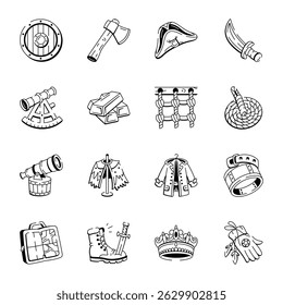 Collection of Pirate Accessories Doodle Icons 
