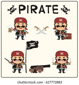 Collection pirate in different poses with pistol, sword, beer mug, ship gun and pirated flag.