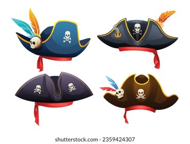 Collection of pirate hats with skull, crossbones and feathers cartoon illustration