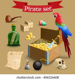 Collection of pirate illustrations. Set with pirate chest, coins, parrot and other pirate symbols.