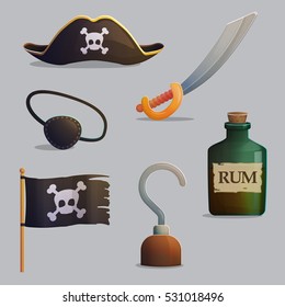 Collection of pirate ship accessories and symbols. Cross bones and scull, pirate hat, saber and hand hook. Game and app ui icons.