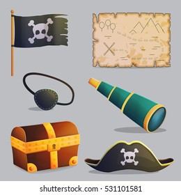 Collection of pirate ship accessories, symbols and navigation items. Cross bones and scull, pirate hat, treasure chest and map. Game and app ui icons.