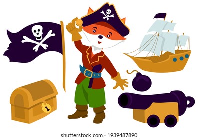 Collection in pirate style for a boy's birthday. The pirate fox has found the treasure in cartoon style. Pirate flag, treasure chest, pirate ship, cannon. Isolate on a white background.