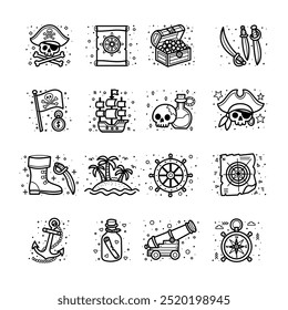 Colección de iconos temáticos piratas, lindo conjunto de dibujos animados dibujado a mano, delineamientos dibujados a mano para Elementos de proyectos decorativos, Ilustración vectorial.