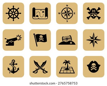 Collection of pirate themed icons including a ship wheel, map, compass, skull and crossbones, cannon, flag, treasure chest, anchor, swords, island, and pirate mouth.