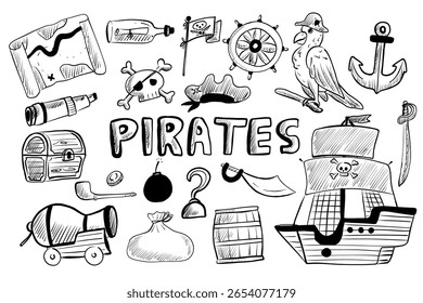 A collection of pirate-themed elements showcases maps, treasure chests, ships, and various symbols like skulls and anchors. The artistic style is quirky and playful, ideal for kids.