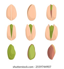 Collection of pistachio nuts isolated on white background, healthy food concept