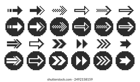 A collection of pixel arrows, a double arrow, a mouse pointer. 8-bit pointers for game assets. Vector illustration.