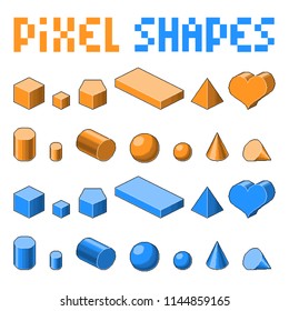 Collection of pixel art 3d isometric shapes. Old fashion 8 bit game. Orange and blue colors