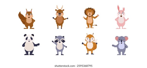 A collection of pixel art animals with a squirrel, deer, lion, rabbit, panda, raccoon, and koala.