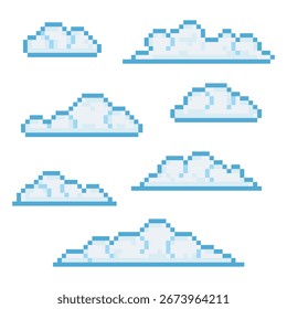A collection of pixel art clouds designed in retro 8-bit style, perfect for video games, animations, digital backgrounds, or creative design projects. These sky elements are ideal for platformer games