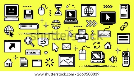 A collection of pixel art computer icons and symbols. Retro 8 bit style digital interface elements and old technology pattern for cyber design.