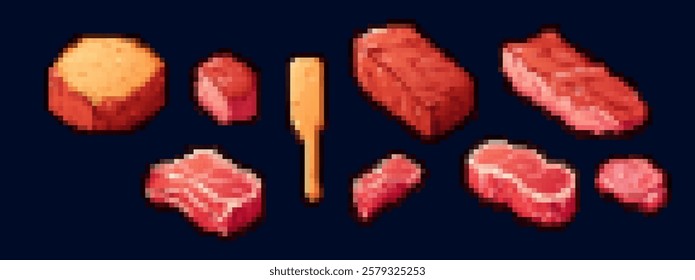 A collection of pixel art depicting various cuts of meat, including steaks, chops, and a meat cleaver, all arranged on a dark background.