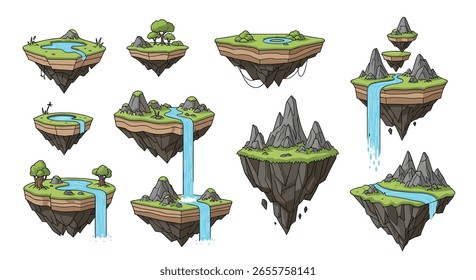 Collection of pixel art floating islands with waterfalls and lush greenery for game design