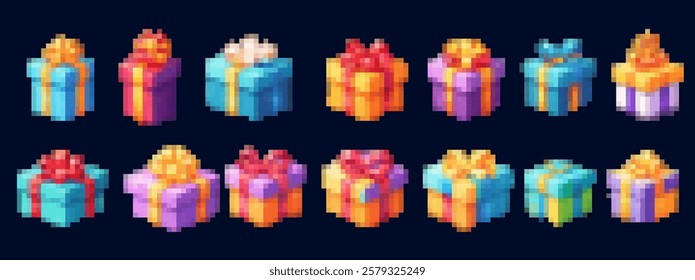 A collection of pixel art gift boxes in various colors and styles, featuring ribbons and bows. The gifts are arranged in two rows, showcasing a festive and cheerful design.