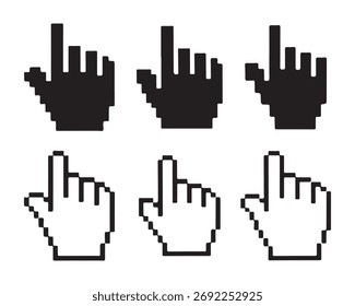 Colección de manos de pixel art apuntando en varias direcciones.