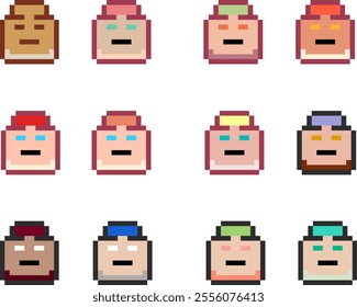 Collection of pixel art human faces featuring various styles, expressions, and unique designs in a retro 8-bit aesthetic.