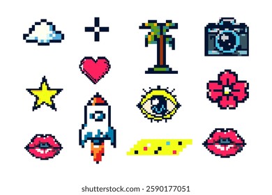 Collection Of Pixel Art Icons Including Rocket, Lips, Cloud, Palm Tree, Eye, And Heart In A Vibrant Retro 8-Bit Design  
