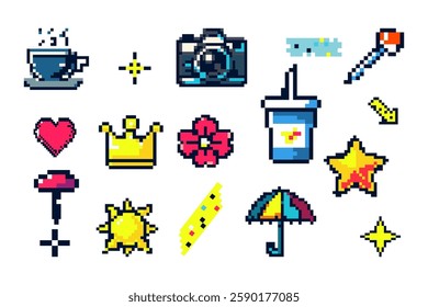 Collection Of Pixel Art Icons Including A Camera, Crown, Cup, Star, And Flower In A Retro 8-Bit Aesthetic  