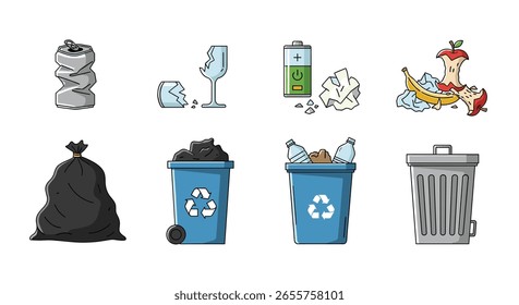 Collection of pixel art icons representing various types of waste and recycling bins for environmental awareness campaigns