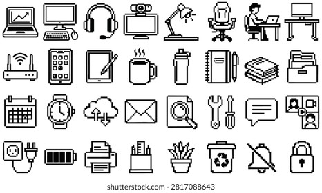 A collection of pixel art icons representing office and technology items, including computers, communication devices, stationery, and home office essentials.