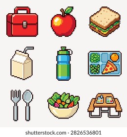 A collection of pixel art icons representing school lunch items including a lunchbox, apple, sandwich, milk, water bottle, tray, utensils, salad, and table.