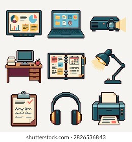 A collection of pixel art icons representing various office equipment and workplace productivity tools.