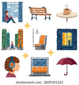 A collection of pixel art illustrations featuring urban life scenes and daily objects.