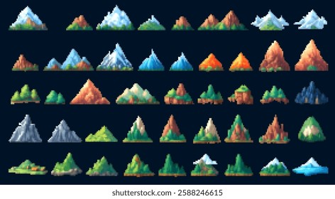 A collection of pixel art mountain designs featuring various shapes, colors, and styles. The mountains range from snowy peaks to rocky formations and lush green hills.
