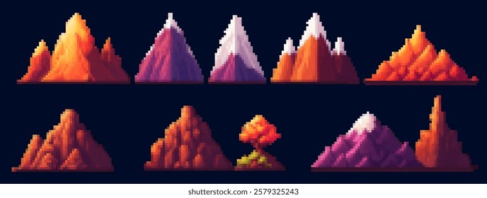 A collection of pixel art mountains in various styles and colors, featuring peaks with snow, autumn trees, and different shapes. The artwork showcases vibrant hues and a retro aesthetic.