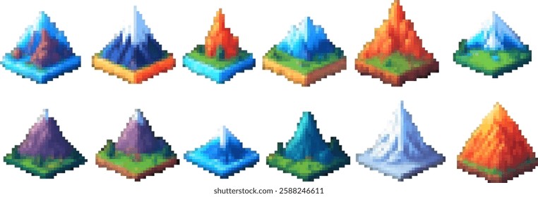 A collection of pixel art mountains in various colors and styles, showcasing different terrains and snow caps. Each mountain is depicted on a square base, highlighting their unique features.