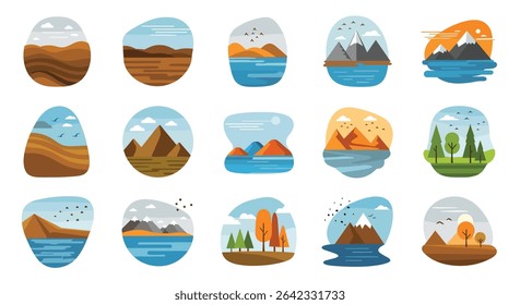 A Collection of Pixel Art Natural Landscapes Ranging From Mountains to Water Scenes