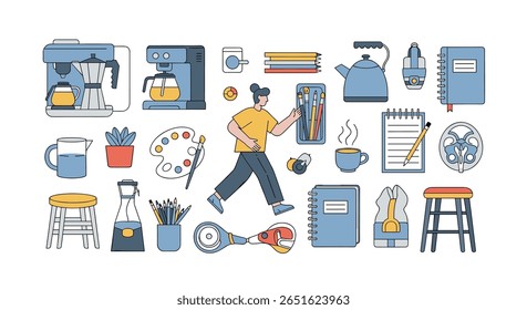 Collection of Pixel Art Objects and a Person for Creative Design and Workstation Elements