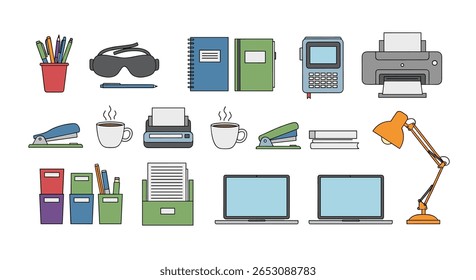 Collection of pixel art office supplies and equipment for workspace design and digital illustration projects