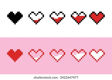 Colección El contorno de arte de píxeles establece iconos de las variaciones de signos cardíacos en color.Icono de corazón en estilo pixelado. Ilustración de 8 bits, para diseñar elementos de activos, interfaces de usuario de juegos y colección de iconos de aplicaciones móviles.