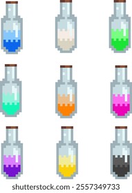 A collection of pixel art potion bottles with various colorful liquid fills, ideal for fantasy-themed games, alchemy systems, or RPG inventories.