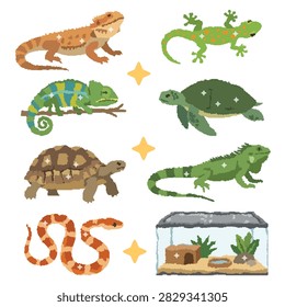 Collection of pixel art reptiles including snakes lizards turtles and a terrarium tank.
