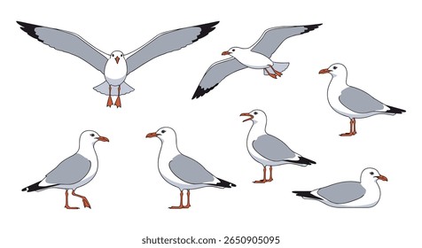 A collection of pixel art seagulls in various poses and movements on a white background
