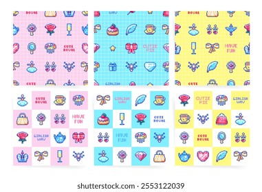 Collection of Pixel Art Seamless Patterns for Cute and Girlish Celebration Designs. Playful and Charming Retro Motif Texture Backgrounds.