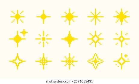 Collection of pixel art sparkling stars. Shining brightly pixelated sparkling retro elements. Vector illustration