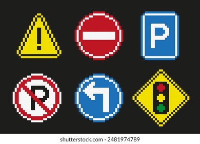 Collection of pixel art traffic sign road, vector illustration on isolated background.