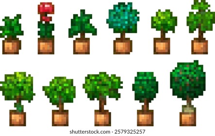 A collection of pixel art trees and plants in pots, featuring various shapes and shades of green, along with a red flower. The designs are simple and colorful, suitable for a game or decorative 