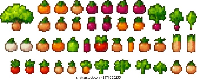 A collection of pixel art vegetables including broccoli, carrots, radishes, and various other root vegetables, arranged in rows.Farm game