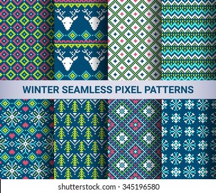 Collection of pixel bright seamless patterns with stylized winter nordic ornament. Vector illustration.