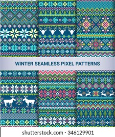 Collection of pixel bright seamless patterns with stylized winter Nordic ornament. Vector illustration.