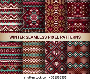 Collection of pixel bright seamless patterns with stylized winter Nordic ornament. Vector illustration.