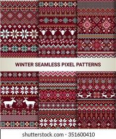 Collection of pixel bright seamless patterns with stylized winter Nordic ornament. Vector illustration.