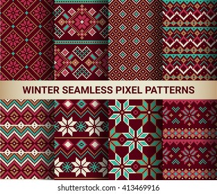 Collection of pixel bright seamless patterns with stylized winter Nordic ornament. Vector illustration.